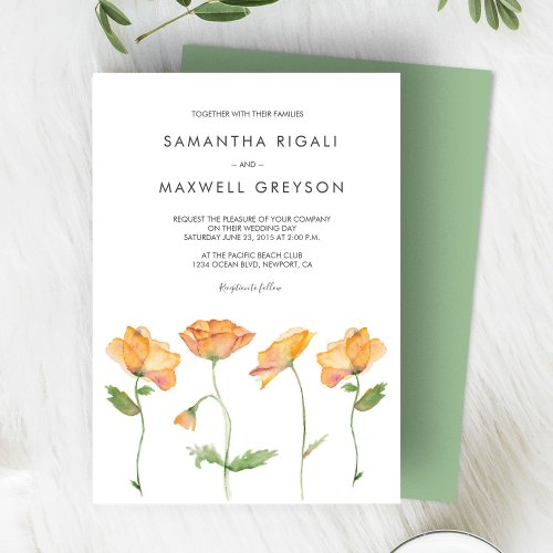 Orange Floral Watercolor Poppies Wedding Invitation