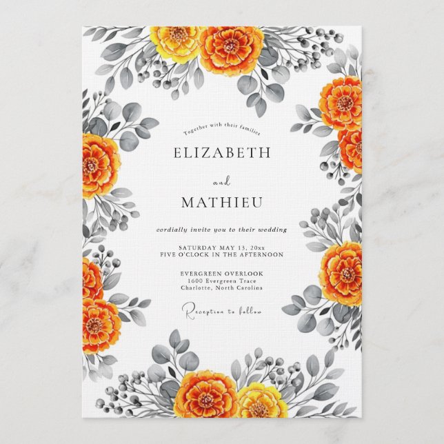 Orange Floral Watercolor Romance Wedding Invitation (Front)
