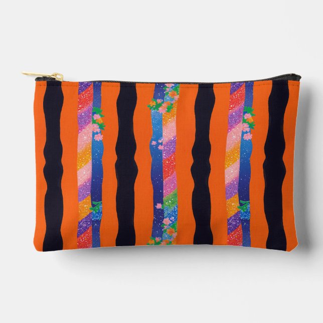 Orange Floral Wavy Stripe Pattern Accessory Pouch (Front)