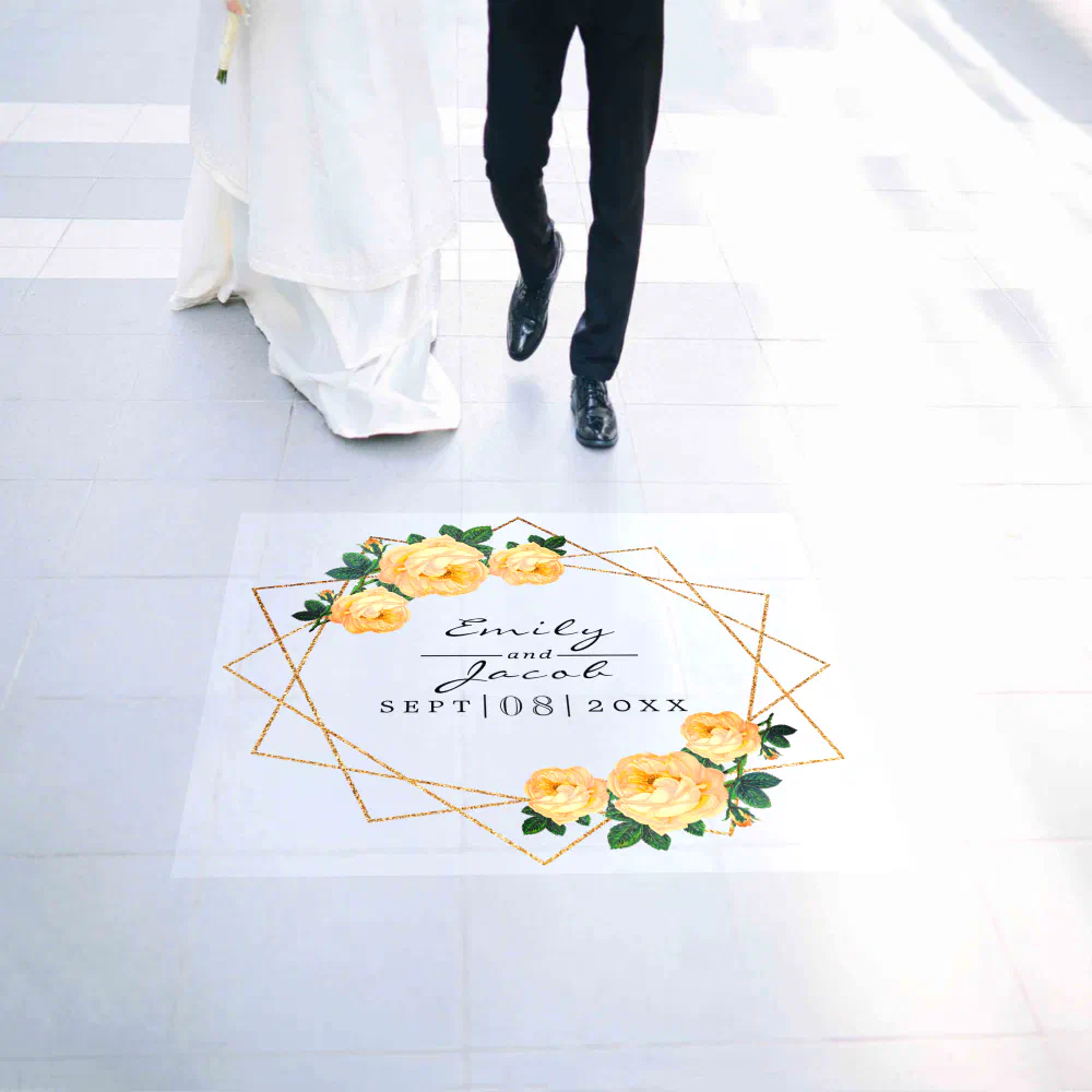 Orange Floral Wed Elegant Gold Glitter Geo 36" Floor Decals