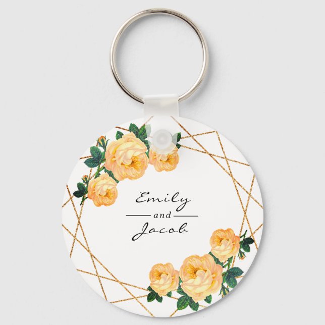 Orange Floral Wed Elegant Gold Glitter Geometric Keychain (Front)