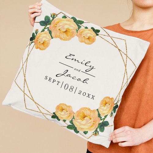 Orange Floral Wed Elegant Gold Glitter Geometric Throw Pillow