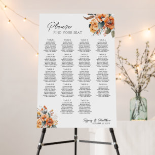 Orange Floral Wedding 18 Table Seating Chart Foam Board