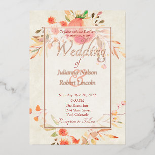 Orange floral  wedding  foil invitation