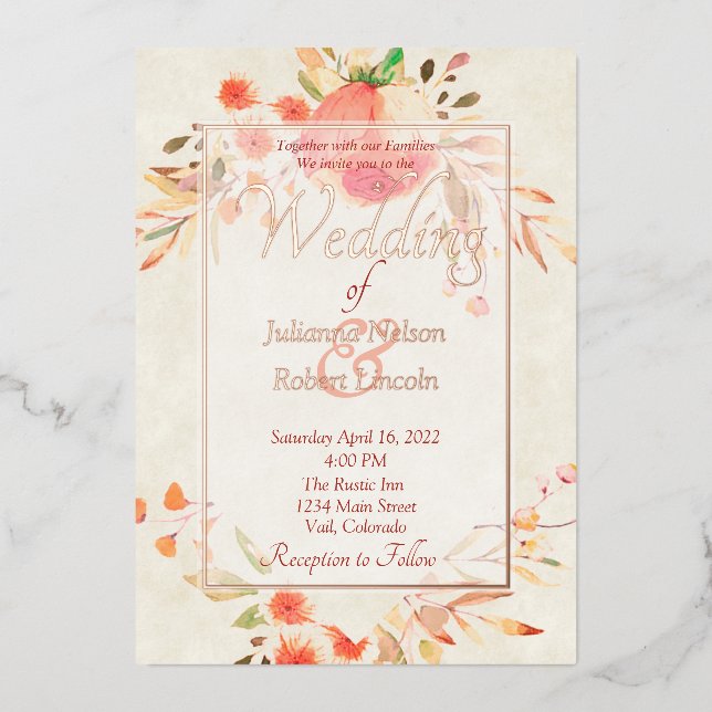 Orange floral  wedding  foil invitation (Front)