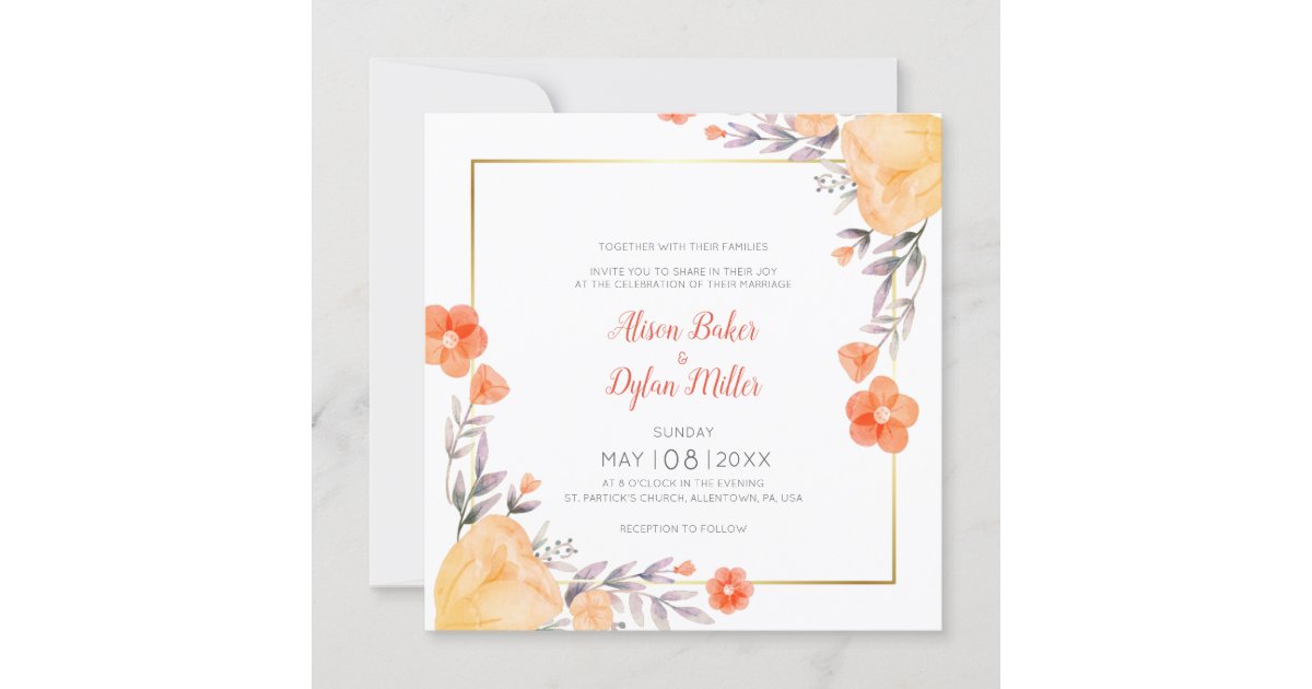 Orange Floral Wedding Invitation Card Zazzle