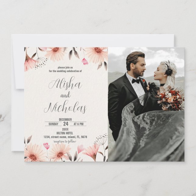 Orange Floral Wedding Invitations with photo (Front)