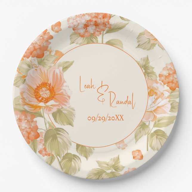 Orange Floral Wedding Paper Plates (Front)
