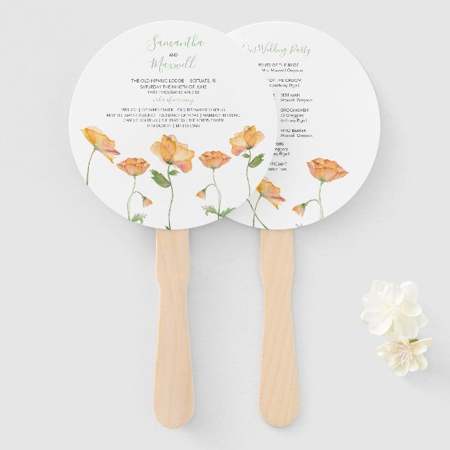 Orange Floral Wedding Program Fan (Front and Back)