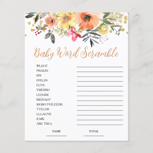 Orange Floral Word Scramble Baby Shower Game (Front)