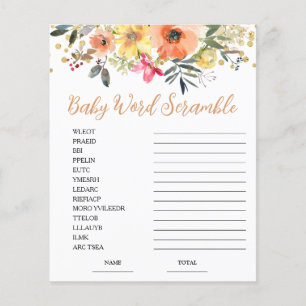Orange Floral Word Scramble Baby Shower Game