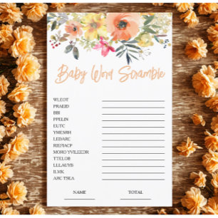 Orange Floral Word Scramble Baby Shower Game