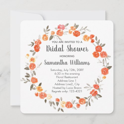 Orange Floral Wreath Bridal Shower Invite