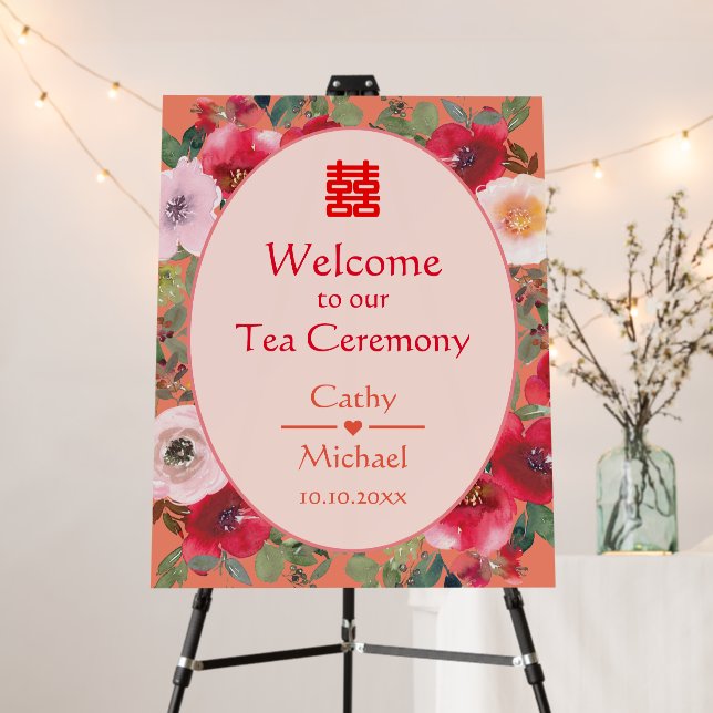 Orange floral wreath Chinese tea ceremony sign (In Situ (Stand))