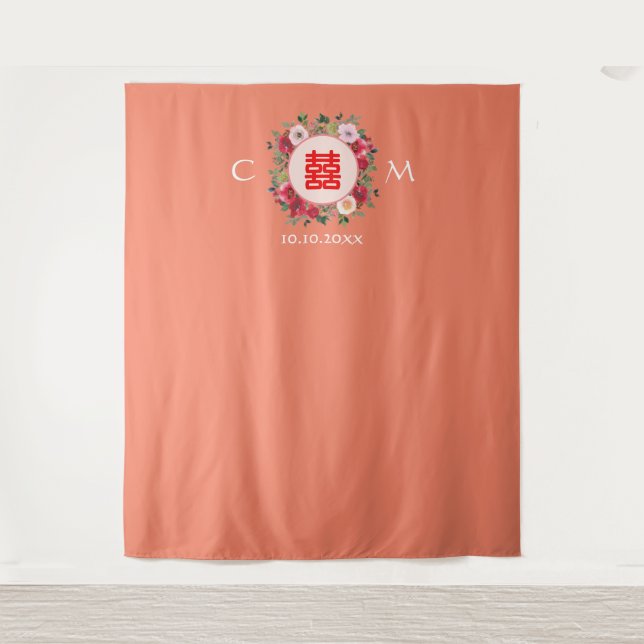 Orange floral wreath Chinese wedding backdrop (Front)