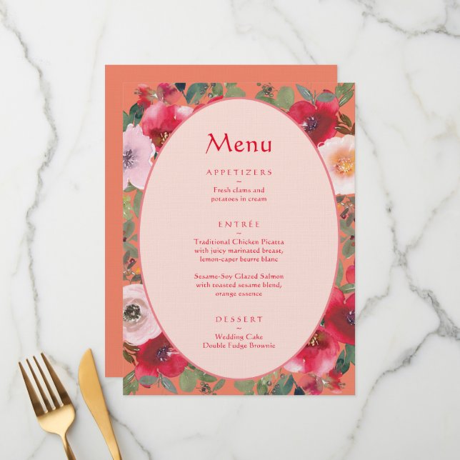 Orange floral wreath Chinese wedding reception Menu (Front/Back In Situ)