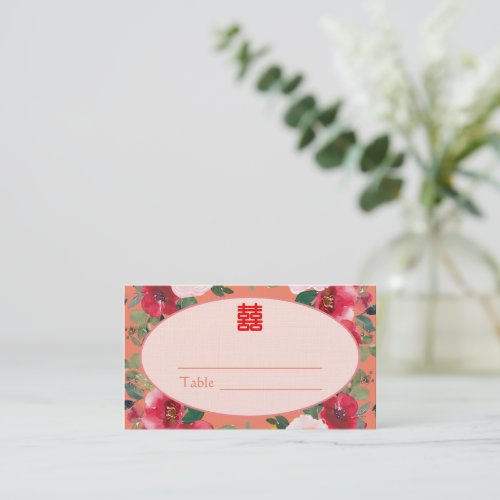 Orange floral wreath Chinese wedding reception Place Card