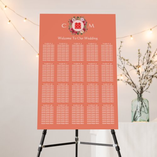 Orange floral wreath Chinese wedding seating chart Foam Board