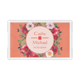 Orange floral wreath Chinese wedding tea ceremony Acrylic Tray