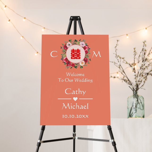 Orange floral wreath Chinese wedding welcome sign (In Situ (Stand))