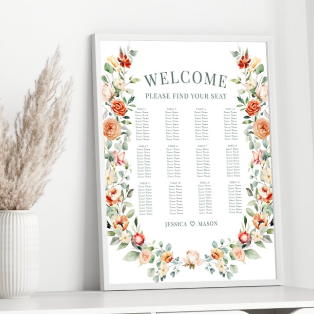 Orange floral wreath garden wedding seating chart (Creator Uploaded)