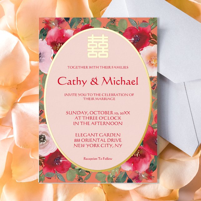Orange floral wreath red flower Chinese wedding  Foil Invitation (Creator Uploaded)