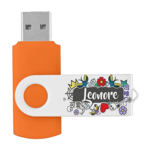 Orange Florals and skull Tattoo Art style Flash Drive