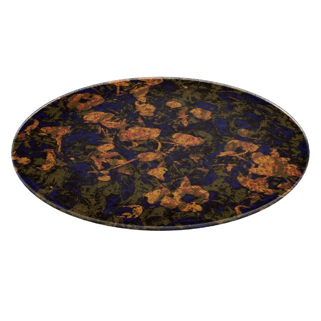 Orange flower against leaf camouflage pattern cutting board (Corner)