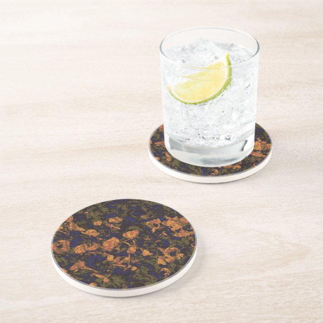 Orange flower against leaf camouflage pattern drink coaster (Side)