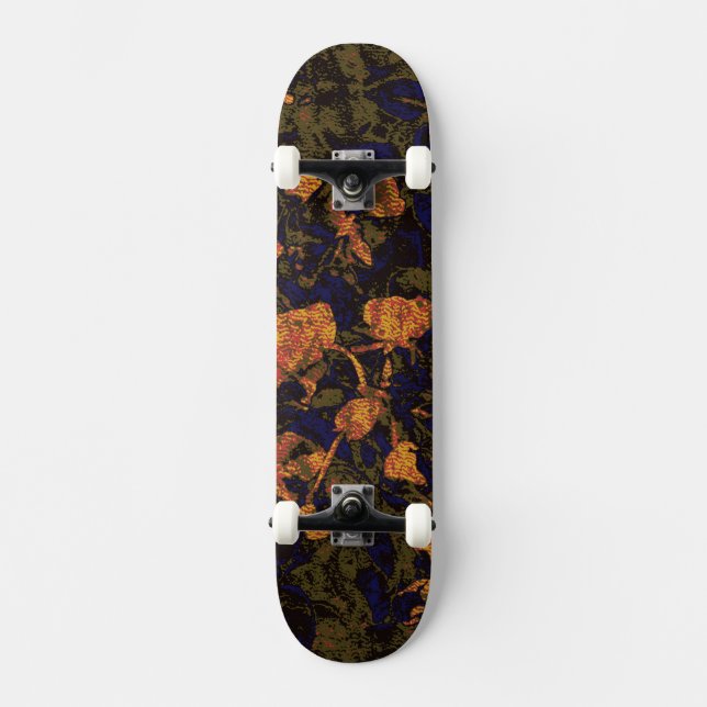 Orange flower against leaf camouflage pattern skateboard deck (Front)