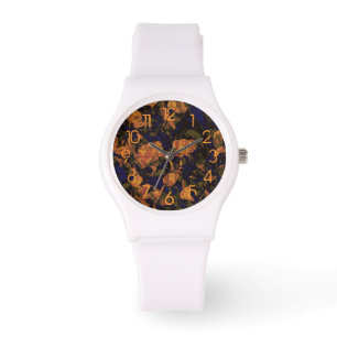 Orange flower against leaf camouflage pattern watch