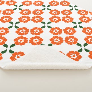 Orange Flower and Green Leaf Retro Style Sherpa Blanket
