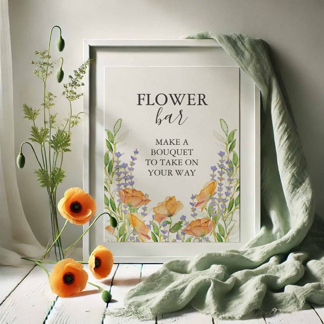 Orange Flower Bar Sign (Flower bar sign with watercolor orange poppies, lavender and greenery)
