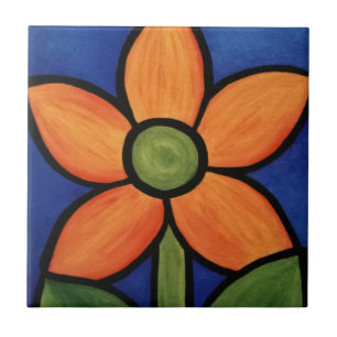 Orange Flower Blue Sky Colorful Painting Tile