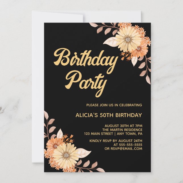 Orange Flower Botanical Gold Black Birthday Invitation (Front)