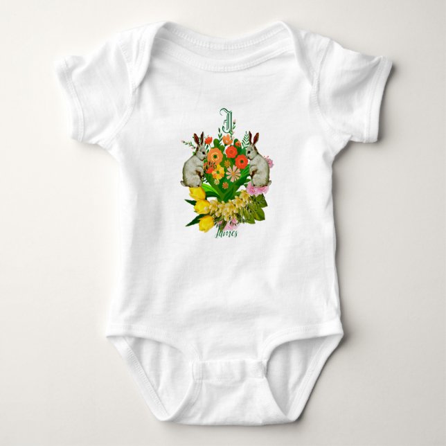 Orange Flower Bouquet Easter Bunny Monogram Custom Baby Bodysuit (Front)