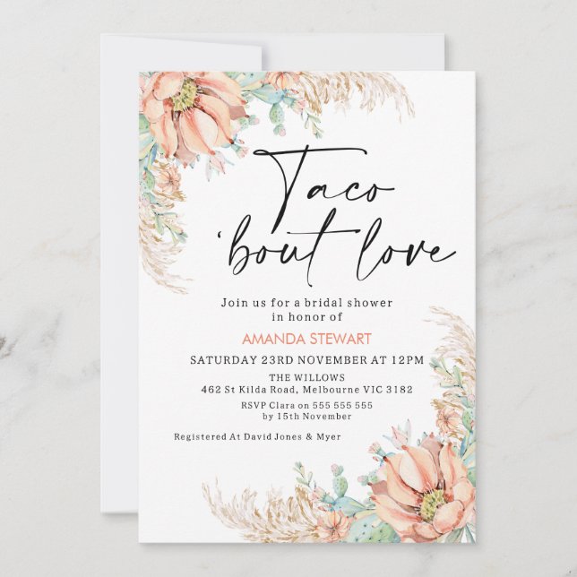Orange Flower Cactus Taco 'bout Love Bridal Shower Invitation (Front)
