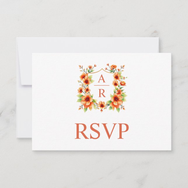Orange flower crest and QR code floral wedding RSVP Card (Front)