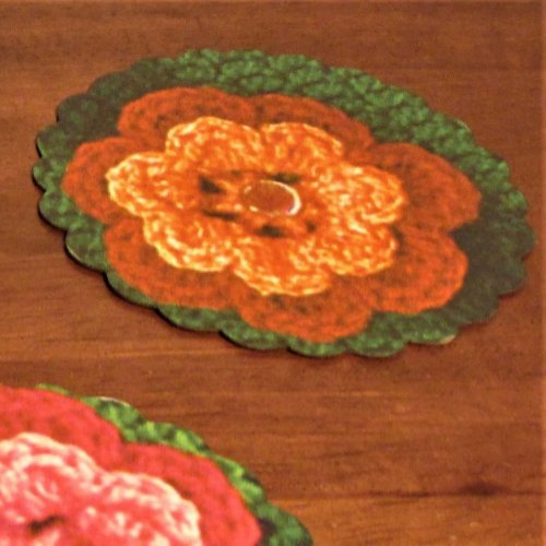 Orange Flower Designer Crochet Print Reusable Paper Coaster