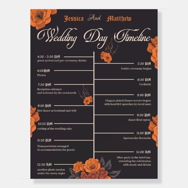 Orange flower elegant wedding timeline foam board (Front)