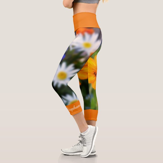 Orange Flower Floral Personalized Name Capri Leggings (Left)