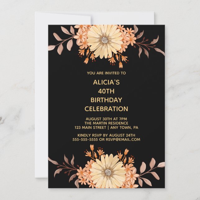 Orange Flower Gold Typography Black Birthday Invitation (Front)