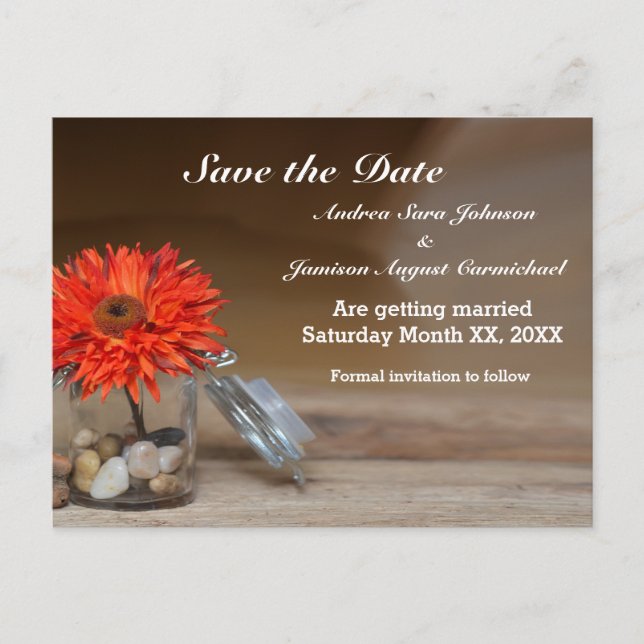 Orange Flower in Mason Jar Save the Date Announcement Postcard (Front)