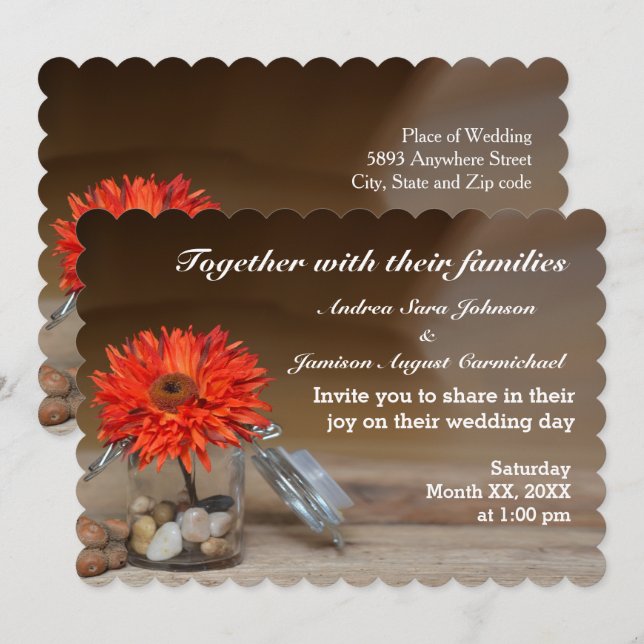 Orange Flower in Mason Jar Wedding Invitation (Front/Back)