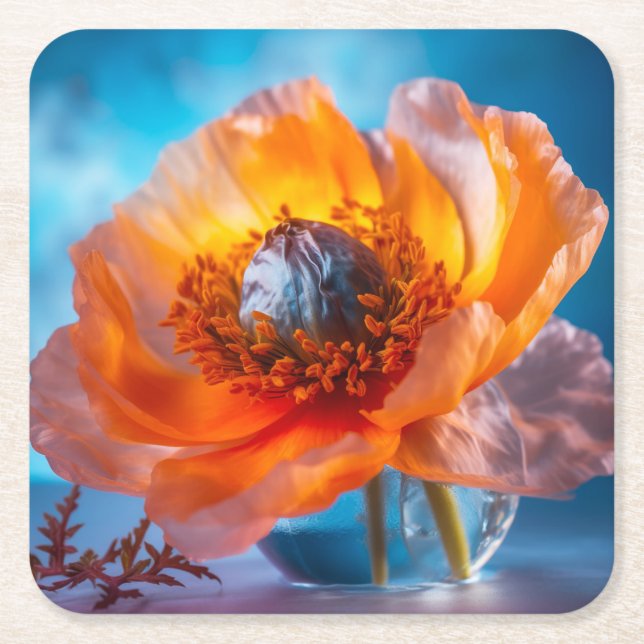 Orange Flower  Square Paper Coaster (Front)
