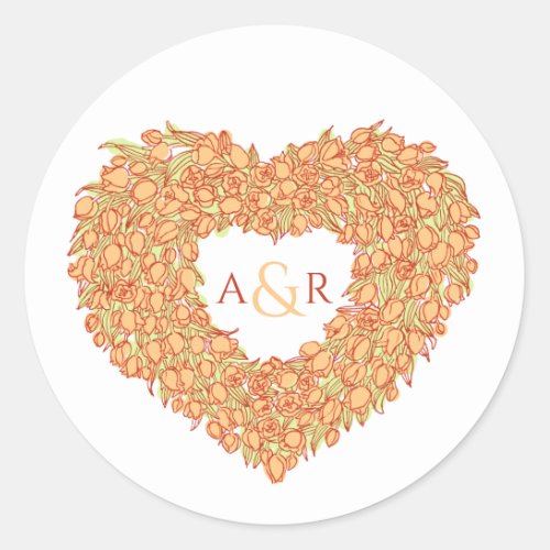 Orange flower wedding tulip heart bouquet monogram classic round sticker