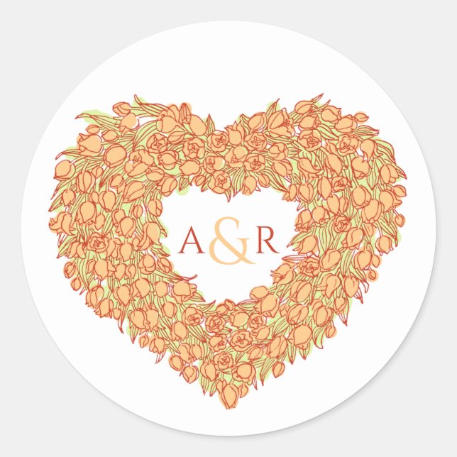Orange flower wedding tulip heart bouquet monogram classic round sticker (Front)