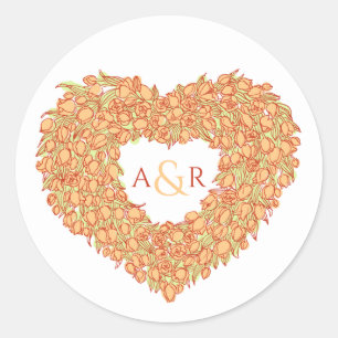 Orange flower wedding tulip heart bouquet monogram classic round sticker