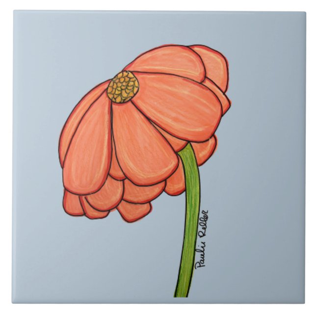 Orange Flower with Blue background Ceramic Tile (Front)