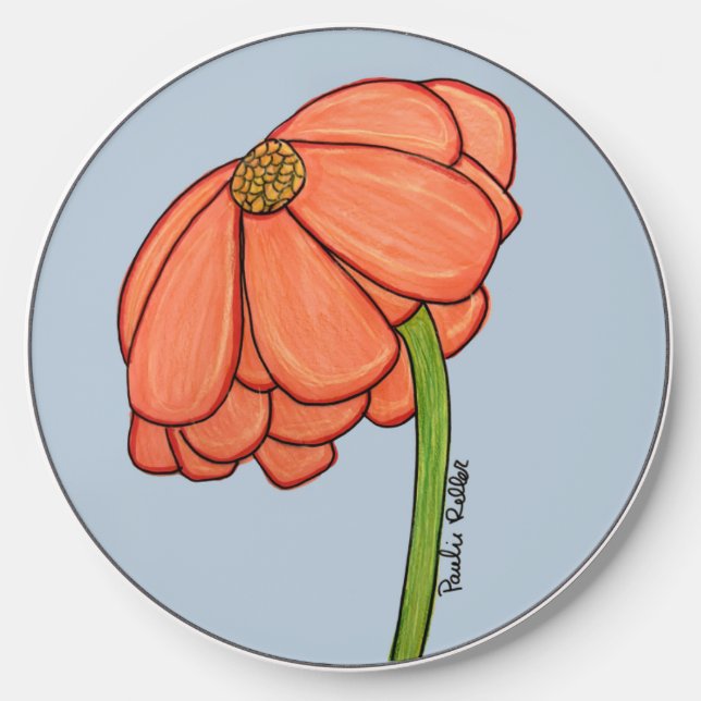 Orange Flower with Blue Background Wireless Charger (Front)